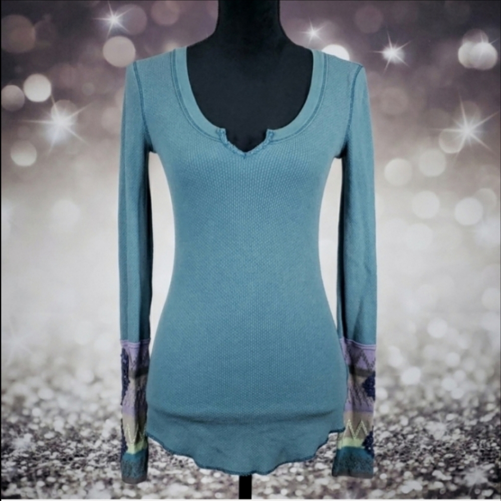 Free People Teal Ribbed Long Sleeve Tee with Patchwork Cuffs - Picture 2 of 4